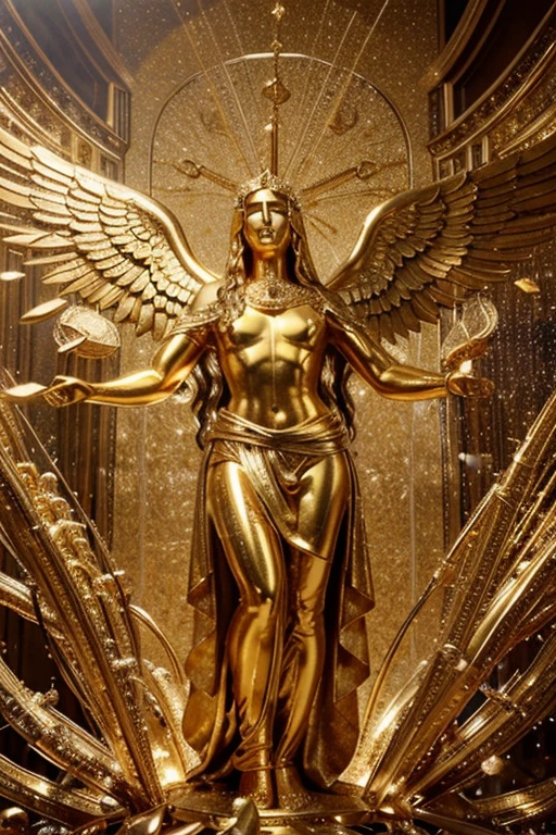 "Describe a heavenly setting where a majestic golden angel, resplandecendo em uma aura divina, is elegantly draped in cascade of gold coins falling from the sky, formando uma impressionante cortina brilhante ao seu redor. O anjo, com asas imponentes e olhos radiantes, stands in the center of the composition, emanating a sense of peace and prosperity. Capture a cena em um formato de tela 9:16, emphasizing the grandeur of the celestial being and the symbolic richness of the golden coins that surround him."