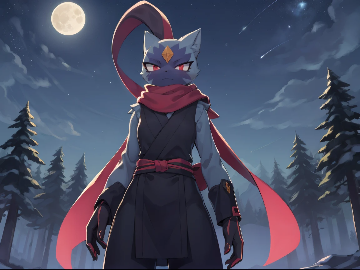 sneasler, standing, long blue scarf, black ninja outfit, trees, midnight, moon, stars,  epic, cinematic lighting, volume lighting, bright tone, warm color, colorful, masterpiece, super detail, high quality, best quality, highres, 16k, uploaded on e621,