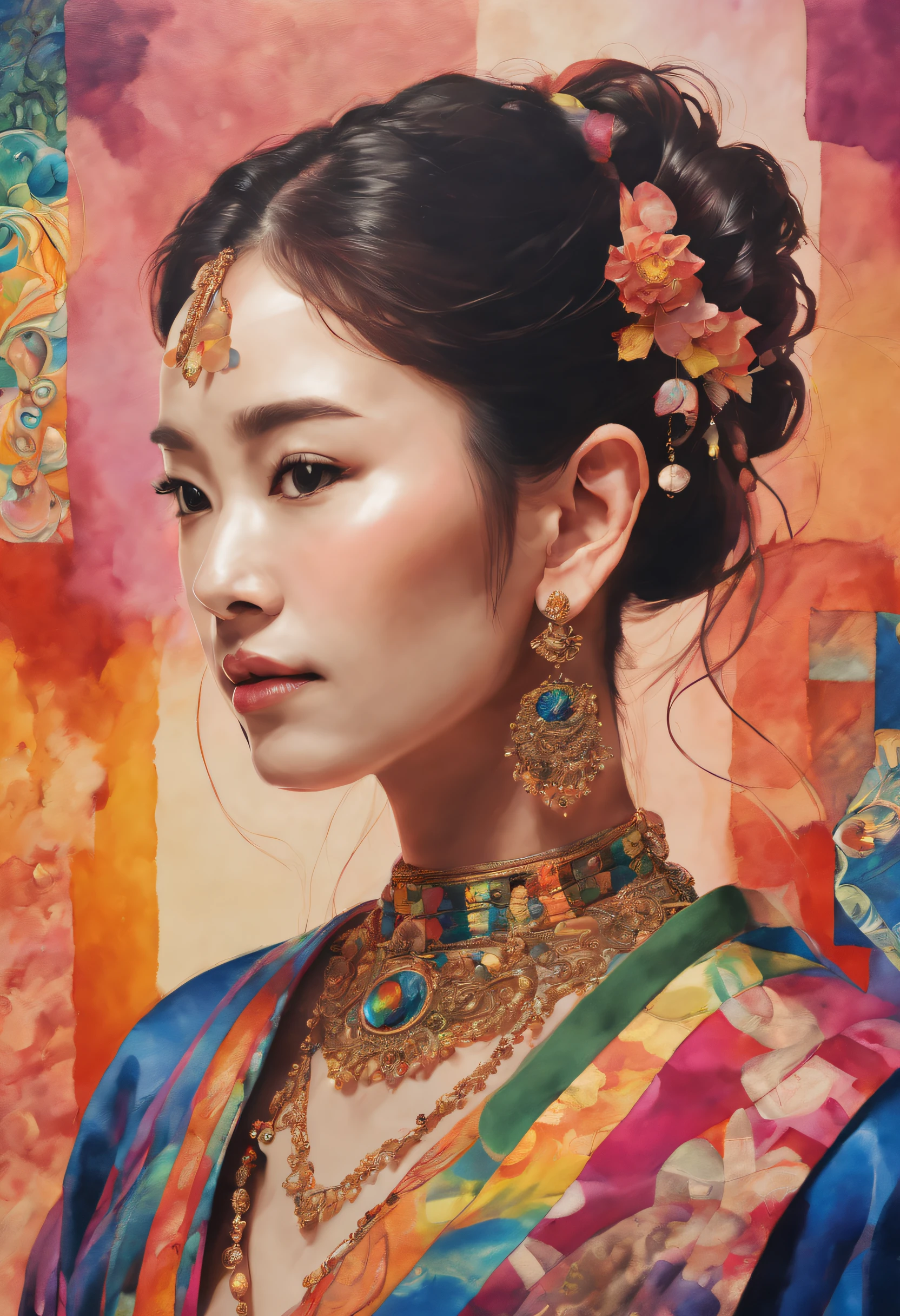 (Majestic Portrait, Premium Craftsmanship, Epitome of Quality, Official Artwork, Aesthetic Beauty: 1.2), (Elegant Solo Portrait: 1.3), Incredibly Detailed, (Fractal Splendor: 1.1), (Vibrant Colors: 1.1), Utmost Detail Precision, (Zentangle Mastery: 1.2), (Dynamically Poised), (Abstract Marvel: 1.5), (Japanese Elegance: 1.2), (Radiant Skin), (Multicolored Harmony: 1.4), (Ornate Earrings: 1.4).