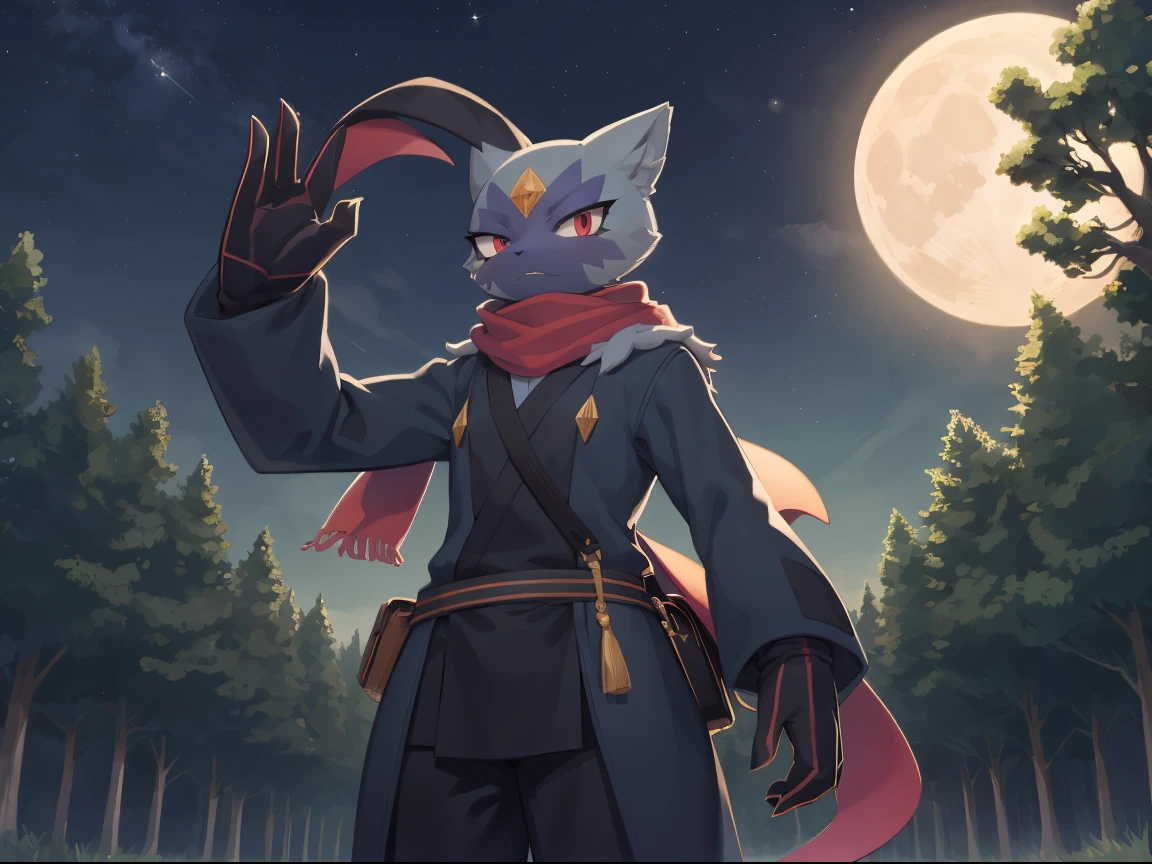 sneasler, standing, long blue scarf, black ninja outfit, trees, midnight, moon, stars,  epic, cinematic lighting, volume lighting, bright tone, warm color, colorful, masterpiece, super detail, high quality, best quality, highres, 16k, uploaded on e621,