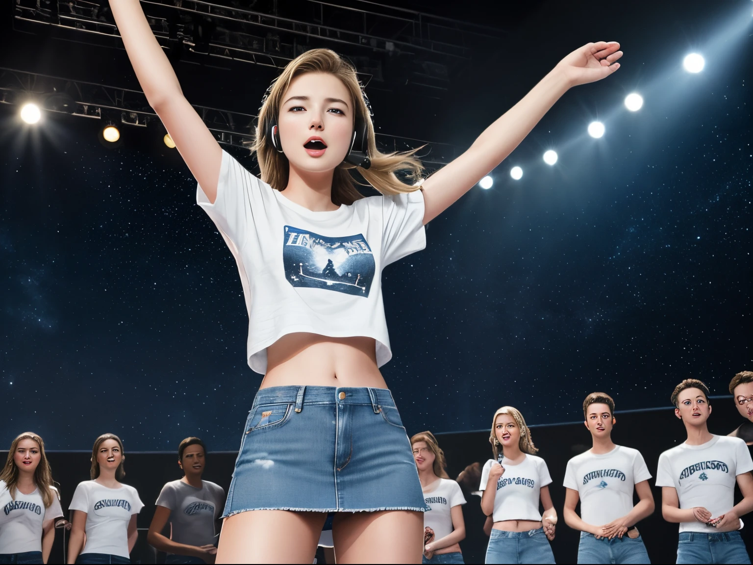 top quality 32k raw photo of 18-year-old Emily VanCamp wearing white T shirt and jeans skirt and headphone. navel look. she is on the stage dancing. night. starry sky.