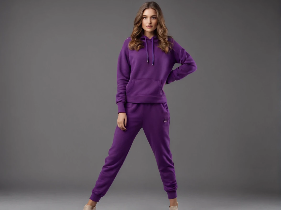 The Model Girl, 19 years, Full-length, appears with long light brown hair, representative of Ukraine. Her image is the embodiment of modern trends in the fashion world., dressed influenced by such styles, like dau-al-set, Goblin Academy, 32K UHD, dada, glorious, severe minimalism and magical wave.
The girl wears 100% cotton and fleece suit. The costume is made in an expressive bright purple color and is complemented by an orange hood., giving the image additional brightness and individuality. The trousers are decorated with a comfortable elastic band., and the sleeves of the sweater are complemented with elastic., which gives the image dynamism and modernity.
It is necessary to have a full-length picture with 16:9 Aspect Ratio, which would show this model in her stylish way. The photograph is presented in black and white., creating a matte and hyper-realistic effect. This composite image becomes part of the tumbling wave and is associated with the aesthetics of such publications, as Associated Press Photo and Cast.. The overall visual style gives the image a dynamic balance., reflecting current fashion trends and influences.