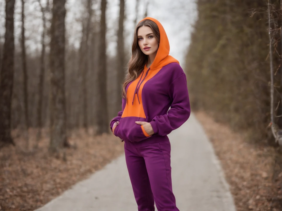 The Model Girl, 19 years, Full-length, appears with long light brown hair, representative of Ukraine. Her image is the embodiment of modern trends in the fashion world., dressed influenced by such styles, like dau-al-set, Goblin Academy, 32K UHD, dada, glorious, severe minimalism and magical wave.
The girl wears 100% cotton and fleece suit. The costume is made in an expressive bright purple color and is complemented by an orange hood., giving the image additional brightness and individuality. The trousers are decorated with a comfortable elastic band., and the sleeves of the sweater are complemented with elastic., which gives the image dynamism and modernity.
It is necessary to have a full-length picture with 16:9 Aspect Ratio, which would show this model in her stylish way. The photograph is presented in black and white., creating a matte and hyper-realistic effect. This composite image becomes part of the tumbling wave and is associated with the aesthetics of such publications, as Associated Press Photo and Cast.. The overall visual style gives the image a dynamic balance., reflecting current fashion trends and influences.