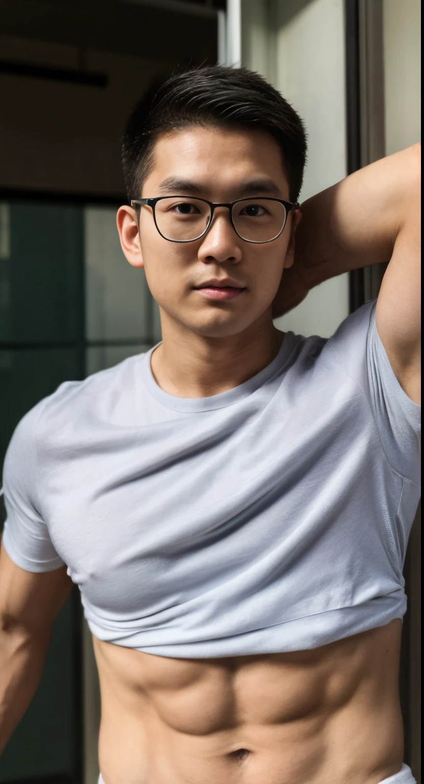 Andrew thomas huang, oval face, eyeglasses, neat muscular, random pose, (torn) shirt, bulge