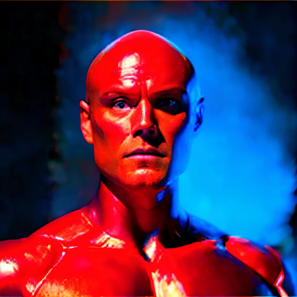 ((masterpiece)), 8k cg, best quality, intricate details, chromatic aberration, close up, ((bust shot)), ((looking at the viewer)), realism, 1man, ((Vision from marvel)) Marvel, MCU, (((background(((dark background)), fog)), ((RED metal skin)), Red Skin, Metallic facial parts, robot man, Paul Bettany, Bald, no hair, unnatural skin color, painted red,