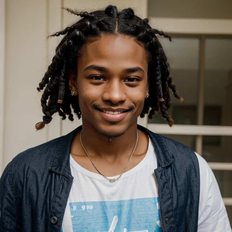 Cute black boy with 12 short braids and blue eyes and smiling and at least 19 years old with a small mustache with pretty eye shape and big lips