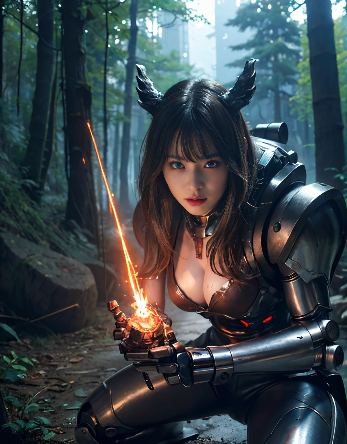 (One Knight Girl)、top-quality、masterpiece、超A high resolution、(Photorealsitic:1.4)、Raw photo、1人、Fight mutants、(Wear the Dark Knight's Armor)、glowy skin、(((Dark Fantasy)))、With a beautiful sword and shield、(Silver Metal Bodysuit)、(Kobold、ogre、Fierce battle with orcs),(Fight fiercely against aliens)、Fight fiercely、(Background of decaying dungeon ruins)、(Knight's helmet)、(Fighting Demonic Beasts)、(Small LED)、((super realistic details))、portlate、(Strong giant demon beast background),globalillumination、Shadow、octan render、8K、ultrasharp、Colossal tits、Raw skin is exposed in cleavage、metals、Details of complex ornaments、Japan details、highly intricate detail、Realistic light、(Mystical expression),CGSoation Trends、Red Eyes、radiant eyes、Facing the camera、neon details、(Mechanical limbs)、(blood vessels connected to tubes)、Mechanical vertebrae attached to the back、mechanical cervical attaching to neck、()、Gundam、Small LED、Toostock、()、(Attack of the Monster Beasts)、(Wounded in a deadly battle)、