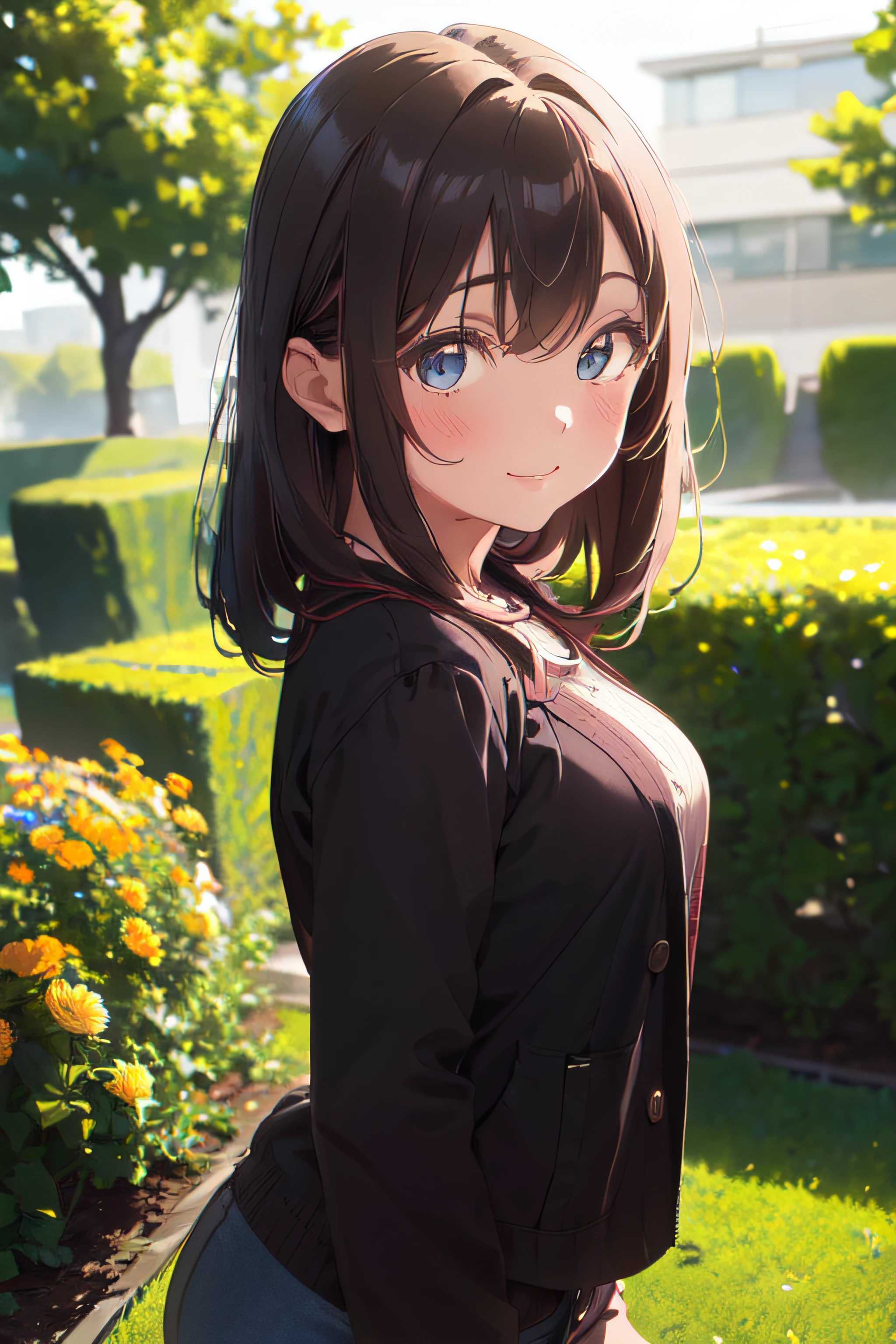 (highres,masterpiece:1.2),realistic, detailed portrait of 1 girl in a garden, her vibrant eyes beautifully outlined, rosy cheeks, and stunning smile. The girl has long, flowing hair cascading down her shoulders. She is wearing a trendy half shirt, paired with a stylish denim jacket. Her bottom half showcases fashionable half pants, completing her edgy yet chic look. The garden surrounding her is lush with colorful flowers, providing a vibrant backdrop. The lighting accentuates the girl's radiant features, giving the portrait a warm and inviting atmosphere.