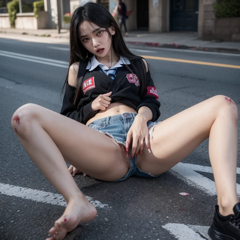 zombie,Secondary school girls,Raised sexy,The clothes were tattered,On the street,Stand with hands and feet twisted,Skin ulceration,Crotch up,lies on the ground,legs are open,looks crazy,There are claws on the hands,Can pass the audit