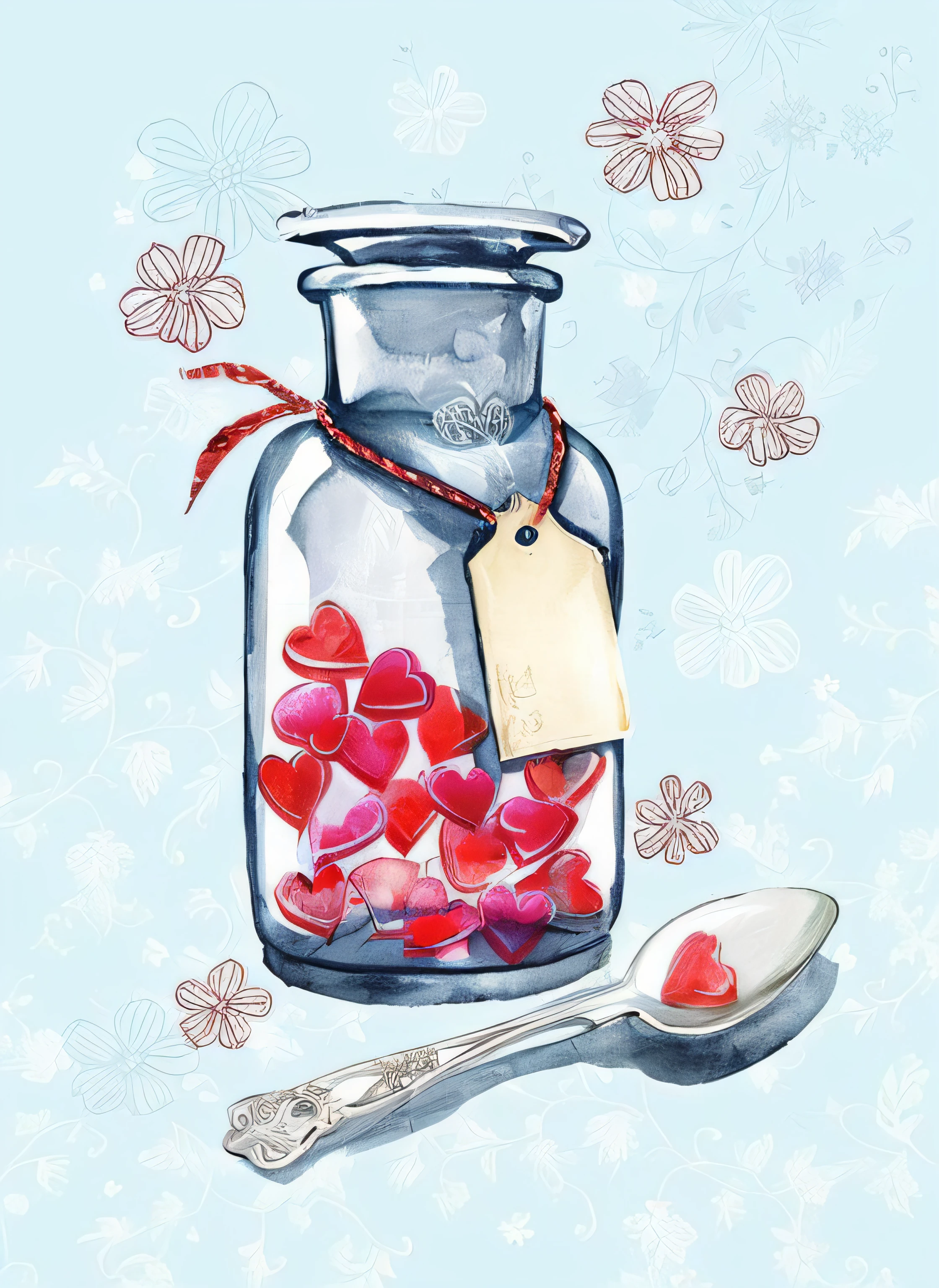 there is a jar with hearts and a tag on it, painting of one health potion, illustration!, gorgeous art, by Adrienn Henczné Deák, by Zsuzsa Máthé, by Louisa Puller, by Anna Haifisch, by Maksimilijan Vanka, by Olga Boznańska