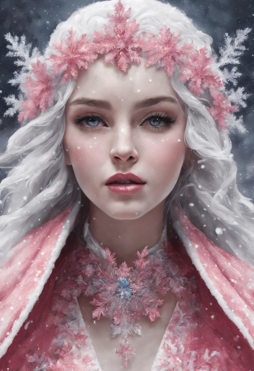 decor art accurate drawing, snow blizzard snowstorm aura, female, fullbody, body perfect, sunlight, shaved open pubis, haircut white hairs, a lot of snowflakes, in the snow ice crystalls, super detailed, anatomically correct, masterpiece symmetrical composition, face russian perfect cute woman sweet beautifull, wearing white fur cloak, thick white vapor fog smoke clouds wind, white skin, bright pink cheek blush, front view, snowflakes crown, wearing crystal transparent