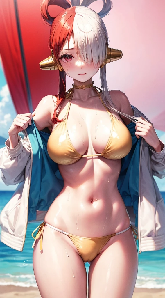 masutepiece、Best Quality、hight resolution、((champagne gold bikini))、beach side、(Vibrant colors:1.2)、(masterpiece:2.0)、onepiece、Uta、blanche、left red hair、right gray hair、Not wearing pants、divine spirit、Flushed cheeks、Beautiful girl in every detail、Body shining with sweat、Wet、Seductive thighs、sexy pose、Hair above one eye