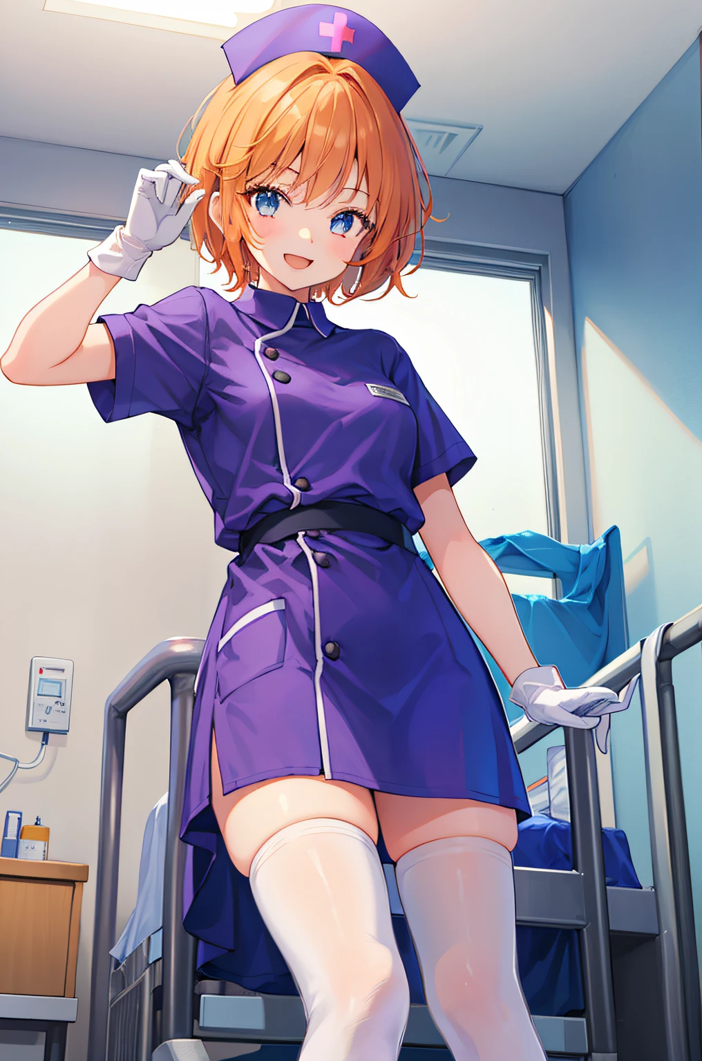 1girl, solo, nurse, nurse cap, white wear, ((white legwear, zettai ryouiki)), white gloves, very short hair, orange hair, smile, open mouth, standing, ((hospital room)), sharp outline, short sleeves, tomboy, boyish, best quality, masterpiece