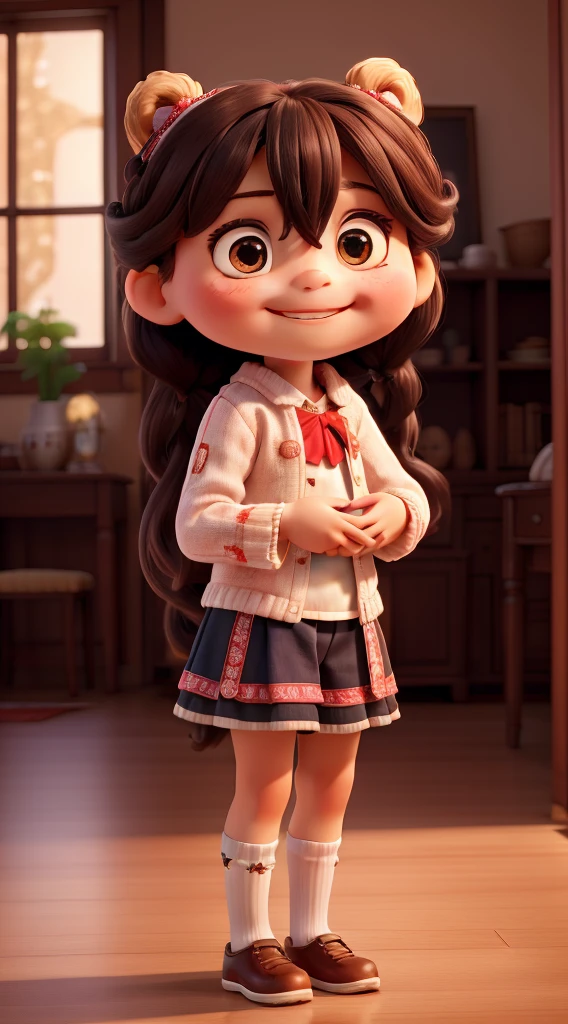 tmasterpiece，The best quality，A little girl holding her chin in her hands，Funny，Smiling, big eyes and long hair lying on the edge of the vase。