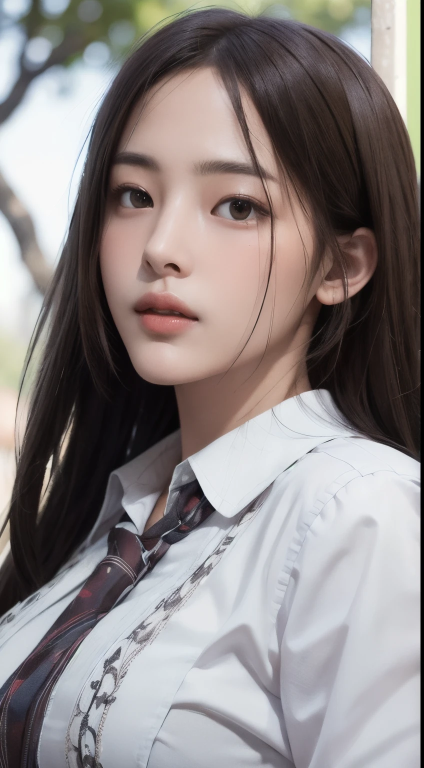 Photorealistic, masutepiece, Best Quality, Raw photo, 1girl in, Solo, Long hair, Brown hair, Detailed face, alluring face, Collared shirt, medium breasts, Dynamic Pose, Looking at Viewer, From below, Detailed background, fine detailed, intricate detailes, Ray tracing, depth of fields, lowkey, nffsw