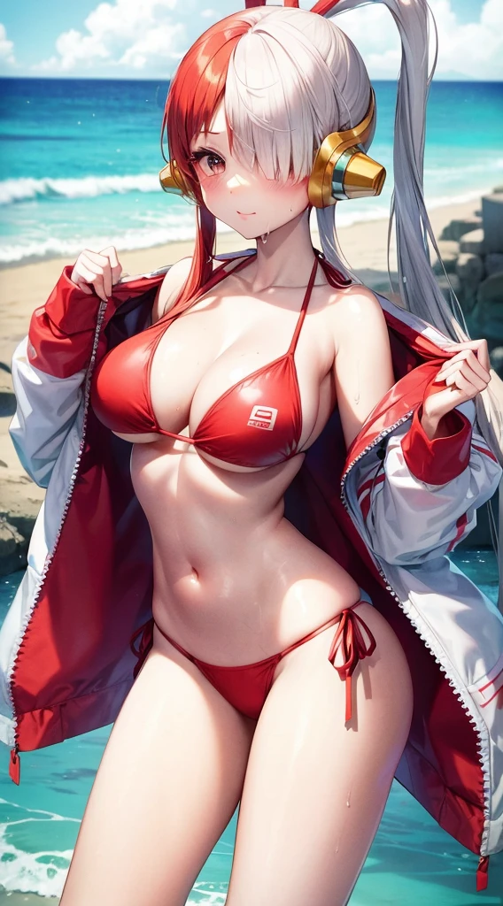 masutepiece、Best Quality、hight resolution、((Red and white bikini))、beach side、(Vibrant colors：1.2)、(​masterpiece：2.0)、onepiece、Uta、blanche、left red hair、right gray hair、Not wearing pants、divine spirit、Flushed cheeks、Beautiful girl in every detail、Body shining with sweat、Wet、Seductive thighs、sexy  pose、Hair above one eye