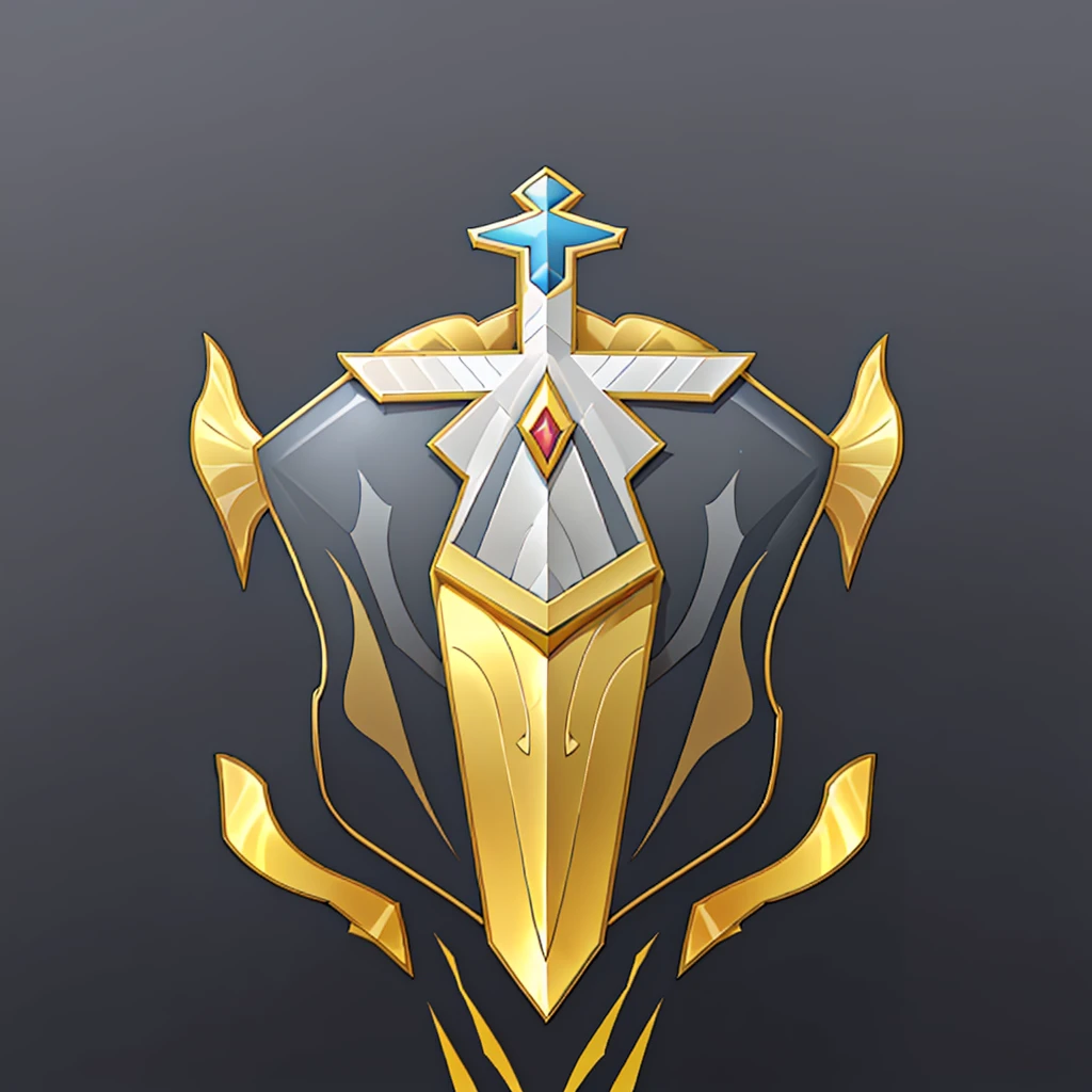 (tmasterpiece, top-quality, Best quality at best, offcial art, Two-dimensional style,flat form style,Beauty and aesthetics:1.2), (8K, Best quality at best, tmasterpiece:1.2),A shield, simple,big sword,arma,badges,Metallic,golden colored,silver sound,blue escurro,Symmetrical geometry,symmetric beauty,