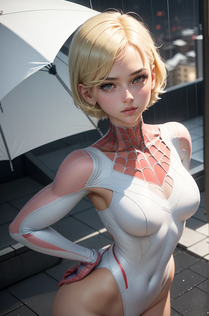 18 yo girl, white spider man suit, short blunt hair, blonde, beautiful face, rain, roof, masterpiece, intricate detail, perfect anatomy