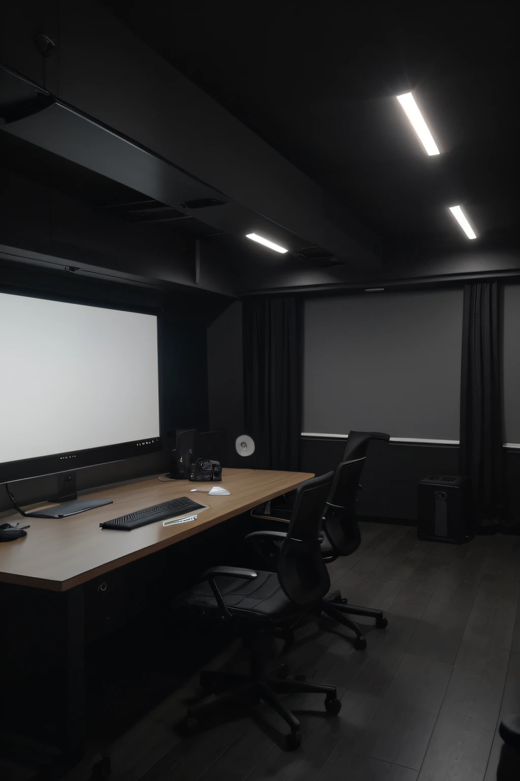 make a modern, very dark color grading sophisticated room, sem janela, com pequenos pontos de luz, medindo 3 por 4 metros, a large 150-inch cinema screen on a wall with gray or black walls with an acoustic element, an L-shaped desk with some monitors, Computadores, and an ergonomic chair