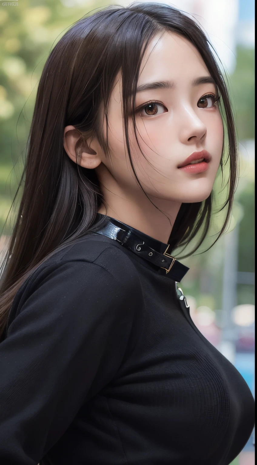 Photorealistic, masutepiece, Best Quality, Raw photo, 1girl in, Solo, Long hair, Brown hair, Detailed face, alluring face, black shirt with collar, medium breasts, Dynamic Pose, Looking at Viewer, From below, Detailed background, fine detailed, intricate detailes,  Ray tracing, depth of fields, lowkey, nffsw