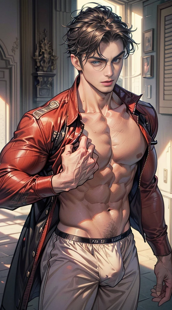 (masterpiece best quality 8k ultra-detailed:1.5) ultra realistic, solo standing male, muscular handsome (((perfect face,perfect eyes))) (topless) (undercut), anime style, illustration, (((underwear, big bulge))), realistic shade, sharp, detailed beautiful face and eyes, perfect beautiful body, perfect hands, (dynamic pose), shiny skin