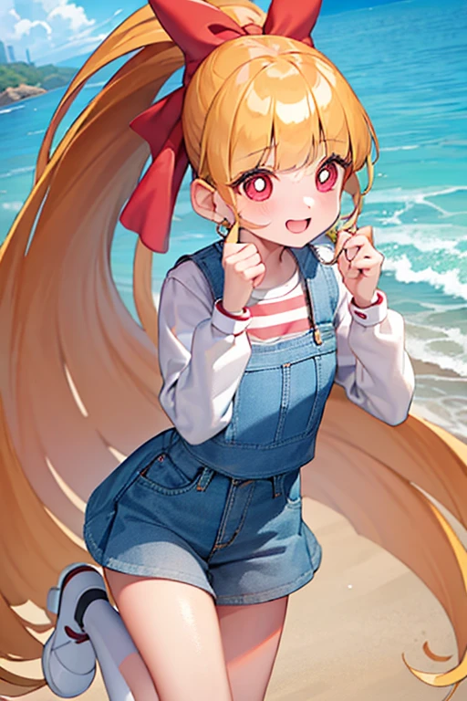 1girl, ppgzmmk, long hair, blonde hair, hair bow, blunt bangs, ponytail, red eyes, bright pupils, (white shirt, long sleeves, striped sleeves:1.1), (denim, short skirt:1.1), jumping, smile, looking away, beach