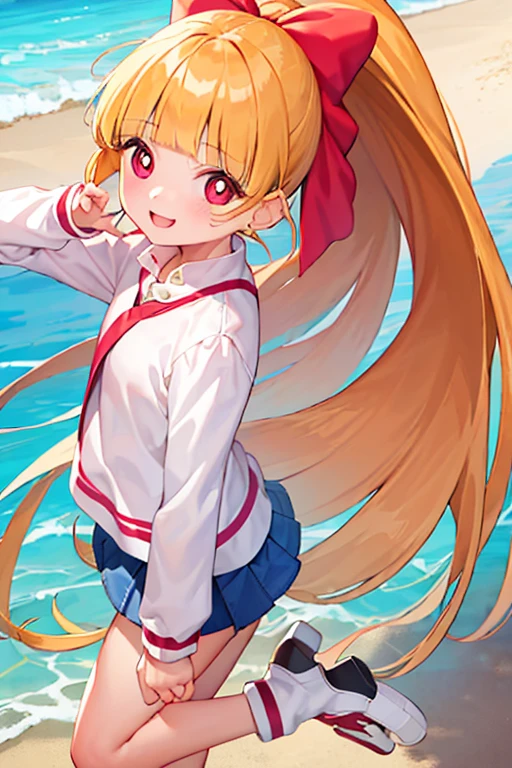 1girl, ppgzmmk, long hair, blonde hair, hair bow, blunt bangs, ponytail, red eyes, bright pupils, (white shirt, long sleeves, striped sleeves:1.1), (denim, short skirt:1.1), jumping, smile, looking away, beach