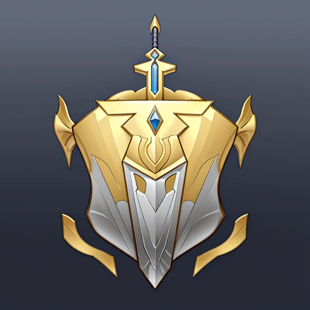 (tmasterpiece, top-quality, Best quality, offcial art, Two-dimensional style,Flat style,Beauty and aesthetics:1.2), (8K, Best quality, tmasterpiece:1.2),A shield, simple,blue,big sword,arma,badges,Metallic,golden colored,silver voice,,Symmetrical geometry,symmetric beauty,