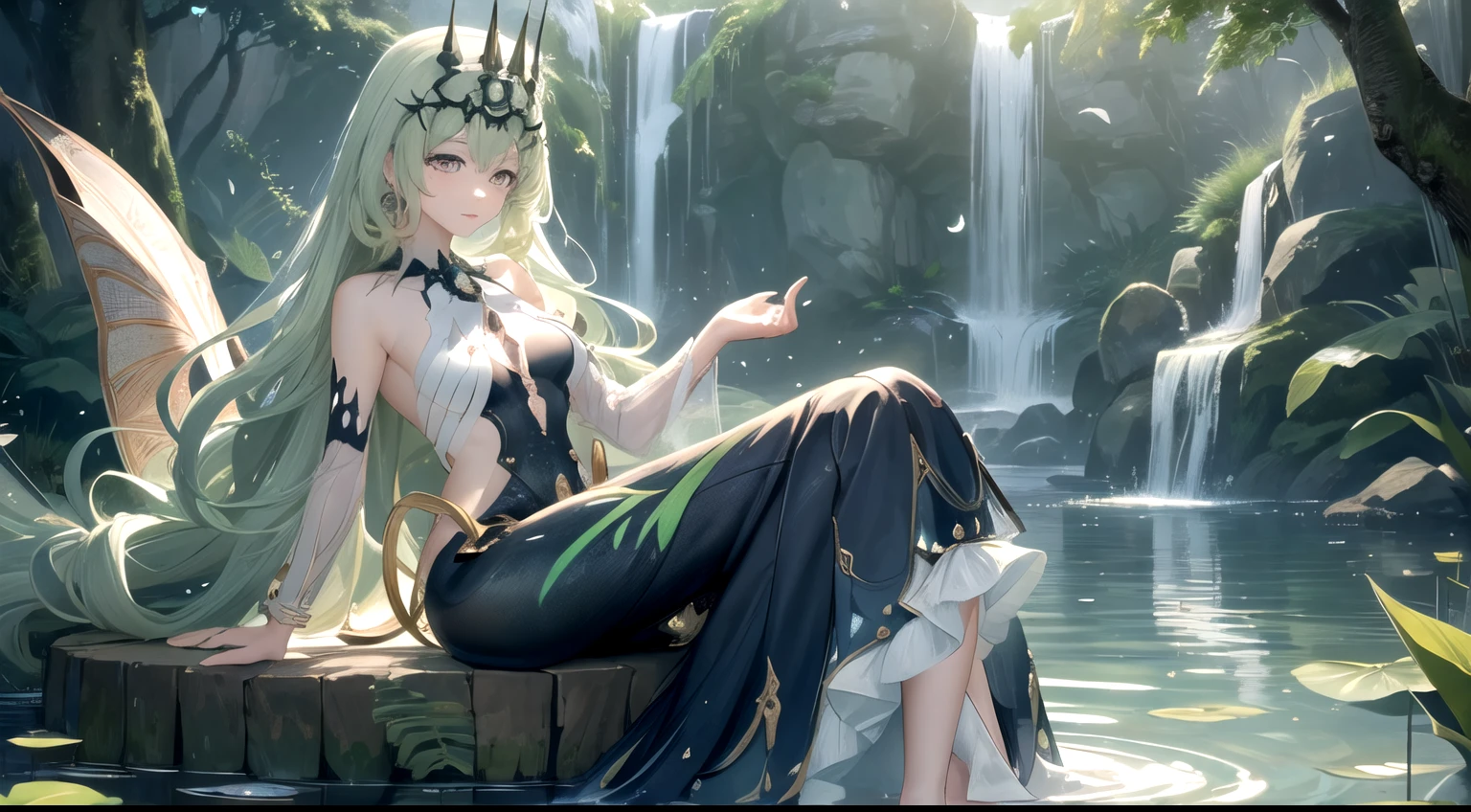 Elaborate Mobius' elegant dress, incorporating intricate floral patterns that match the flowers around her feet. Enhance her overall design with subtle accessories like delicate bracelets and a tiara made of water-inspired gems. Add a gentle breeze, causing her long hair and the layers of her dress to sway gracefully. Accentuate Mobius' pale green eyes with a soft glow, giving them an otherworldly quality. Consider adding a subtle reflection of the pond in her eyes, adding depth and realism to the character's gaze. Illuminate the water around Mobius with a radiant, ethereal glow, creating a magical ambiance. Ensure that the see-through quality of Mobius' dress is emphasized by the play of light and shadow on the water's surface. Integrate the reflection of the flowers and Mobius herself, making the pond a mirror-like surface that enhances the composition. Add intricate embroidery to Mobius' dress, featuring water-themed motifs like cascading waves and blooming lotus flowers. Experiment with subtle gradient shading on the dress, transitioning from a lighter blue at the top to a deeper hue toward the hem. Consider incorporating semi-translucent fabric for the dress to enhance the see-through effect, allowing glimpses of Mobius' legs beneath. Set the scene with a serene and enchanting background, perhaps featuring a tranquil waterfall, lush vegetation, and soft sunlight filtering through the trees. Integrate additional flowers of various colors, creating a harmonious blend that complements Mobius' toned hair. Include dragonflies or butterflies in the background, adding a touch of nature to the overall composition. Capture Mobius in a contemplative or serene pose, highlighting her connection with the tranquil environment. Experiment with different arrangements of flowers around her feet, creating a natural and visually appealing arrangement. Consider adding subtle ripples in the water around Mobius' hands, suggesting a connection with the water, small breasts, beautiful
