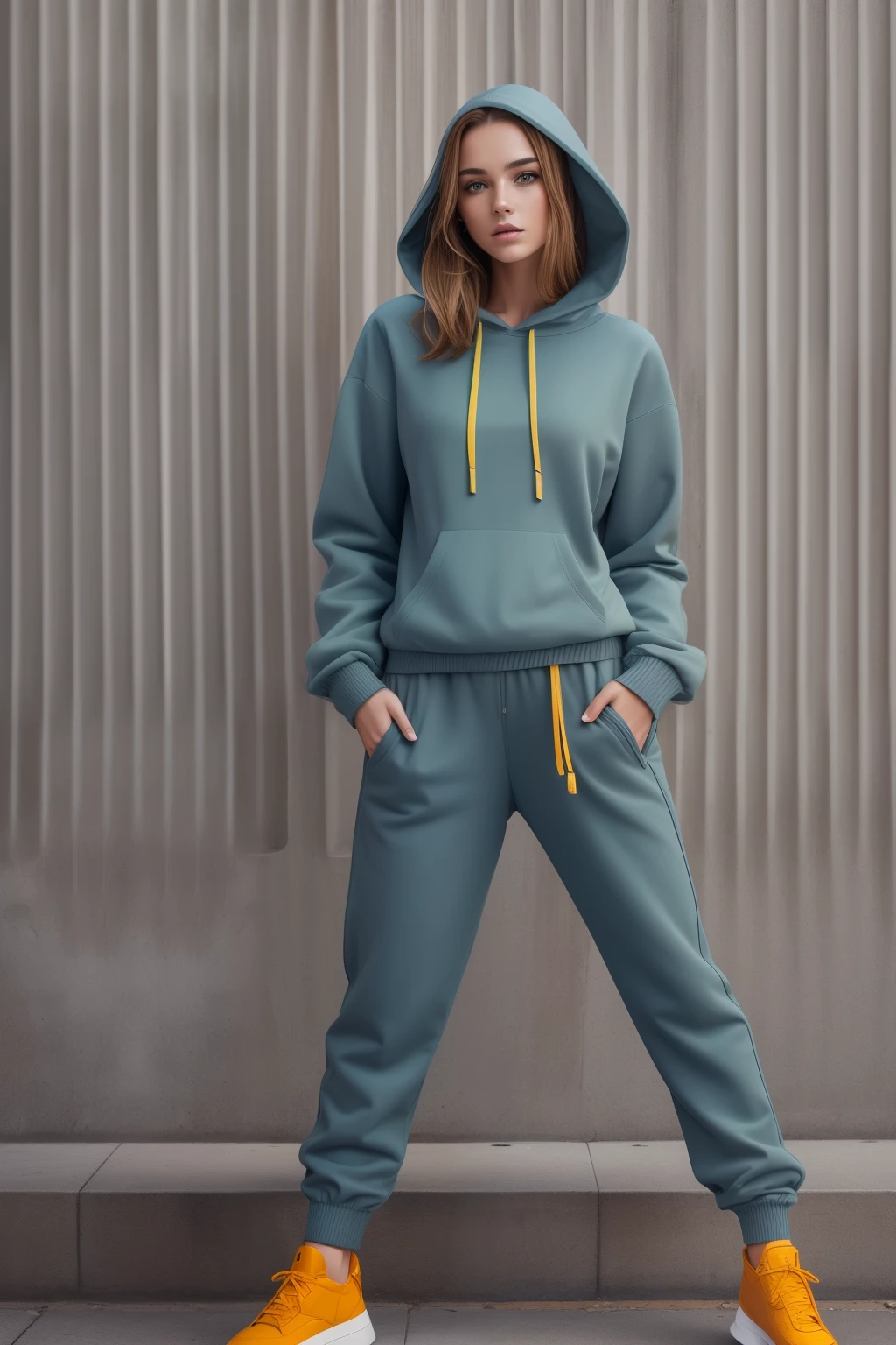 Model girl, 19 years old, full-length, appears with long light brown hair, representative of Ukraine. Her image is the embodiment of modern trends in the fashion world, dressed up with the influence of styles such as dau al set, goblin academia, 32k uhd, dada, glorious, stark minimalism and magewave.

The girl is wearing a 100% cotton fleece suit. The costume is made in an expressive bright purple color and is complemented with a hood of orange shade, giving the image additional brightness and individuality. The pants are decorated with a comfortable elastic band, and the sleeves of the sweater are supplemented with an elastic band, which gives the image dynamism and modernity.

It is necessary to have a full-length picture with 16:9 aspect ratio, which would show this model in her stylish look. The photo is presented in black and white, creating a matte and hyper-realistic effect. This composite shot becomes part of tumblwave and is associated with the aesthetics of publications such as Associated Press Photo and Cast. The overall visual style infuses the image with a dynamic balance, reflecting current fashion trends and influences.