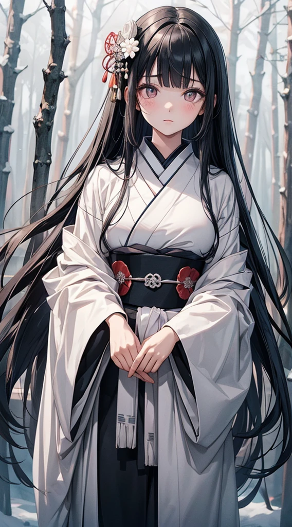 //Character
1girl, princess of the japanese ancient tragedy, slim and soft, medium large breast, ultra detailed face, super cute,innocent, round face, thin eyeblow, black pupils, translucent skin, pale, looks sad, sorrow, extra long hair , black hair, straight bangs,
BREAK
//Fashion
japanese ghost inspired attire
Her outfit is styled with images of death clothes
pure white japanese kimono, decorated with flowers in a vague gray color
BREAK
in the banboo forest , deep in mountain , very dark, cold, snowy