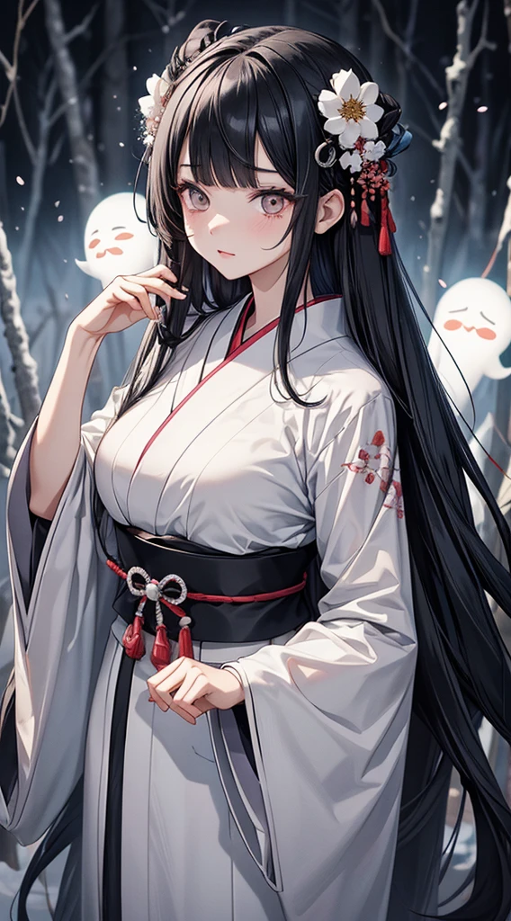 //Character
1girl, princess of the japanese ancient tragedy, slim and soft, medium large breast, ultra detailed face, super cute,innocent, round face, thin eyeblow, black pupils, translucent skin, pale, looks sad, sorrow, extra long hair , black hair, straight bangs,
BREAK
//Fashion
japanese ghost inspired attire
Her outfit is styled with images of death clothes
pure white japanese kimono, decorated with flowers in a vague gray color
BREAK
in the banboo forest , deep in mountain , very dark, cold, snowy