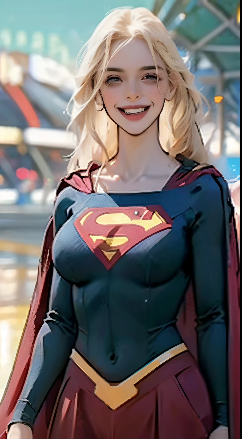 estilo anime
mulher adulta nova, 22 anos, blonde hair, sorridente, ela tem um corpo magro, cabelo grande e cacheado, rostos com algumas sardas, olhos verdes, brincos nos ouvidos, colar discreto com pingente, superman character costume, red cape