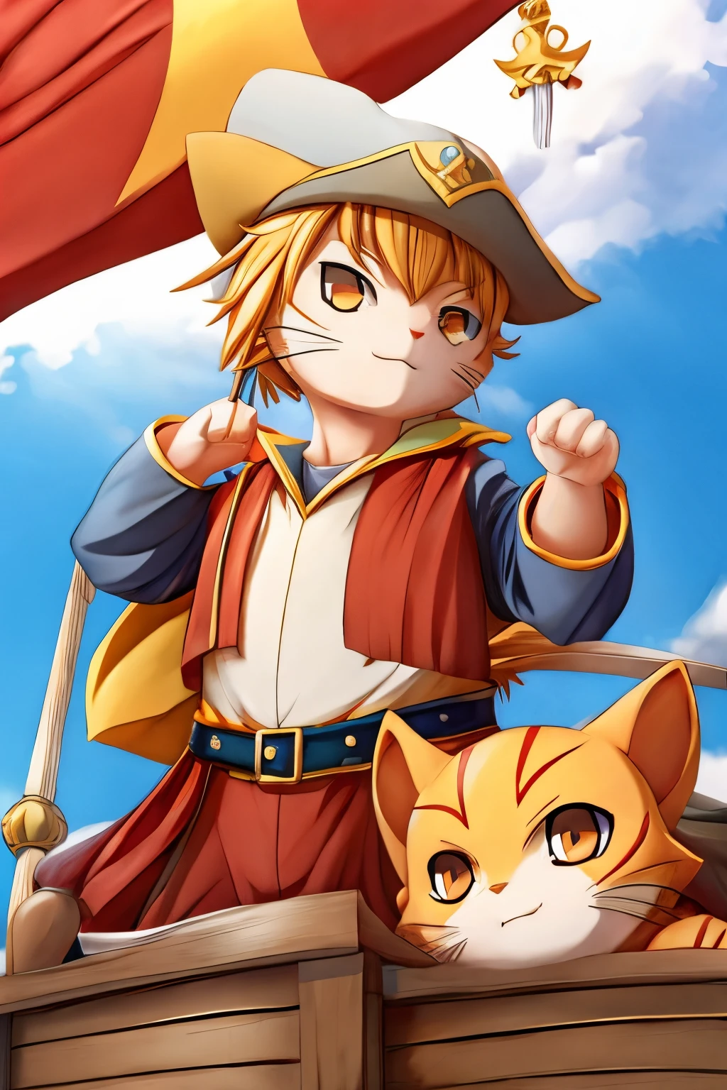 tres gatos piratas em cima do barco estilo anime