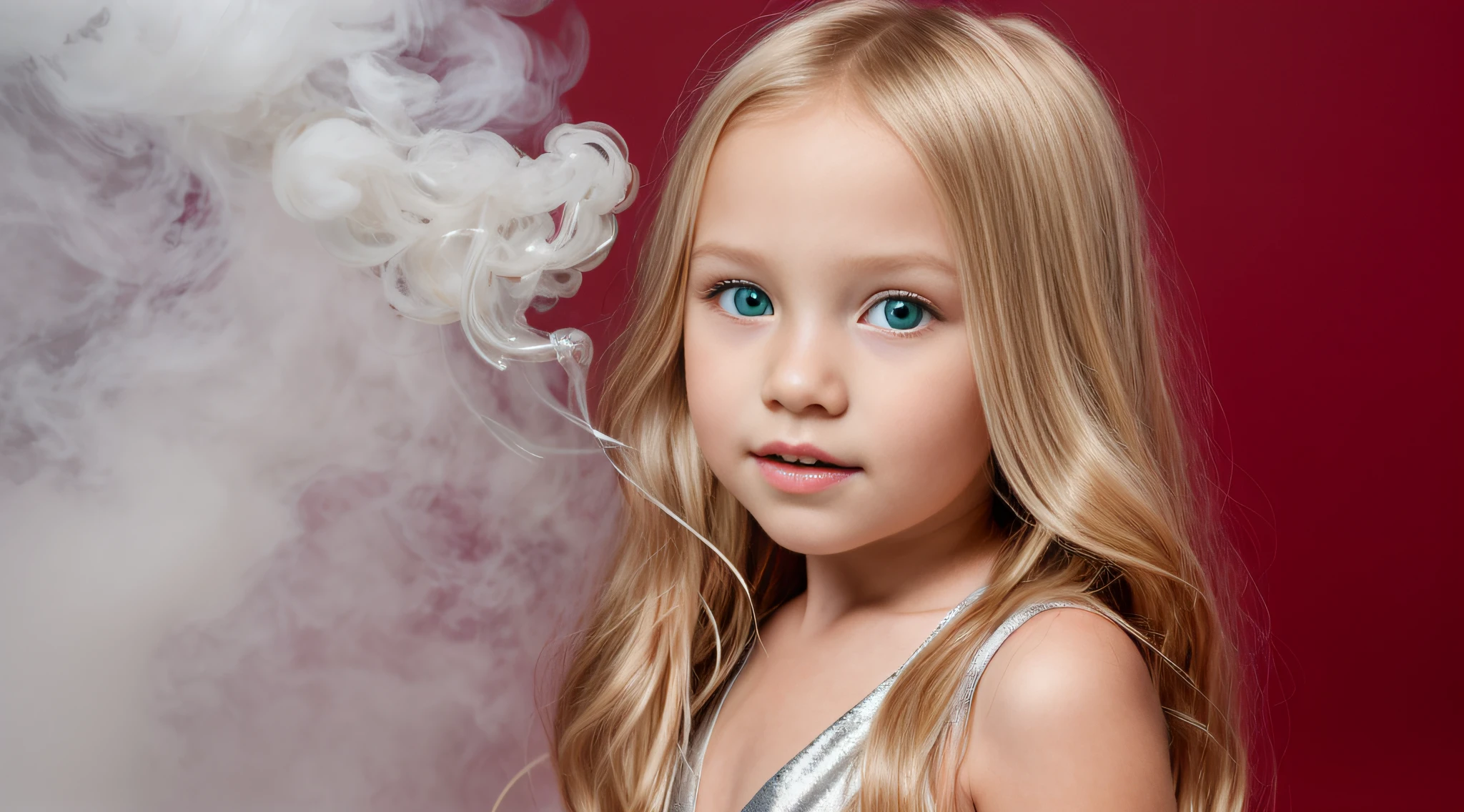 close-up CHILDREN BLONDE GIRL WITH LONG HAIR, em um fundo de SANGUE VERMELHO., usando um vestido prateado, vestido prateado e halo ardente, studio photo session, fundo branco. FUMO FUMO VERDE. LASER VERDE.