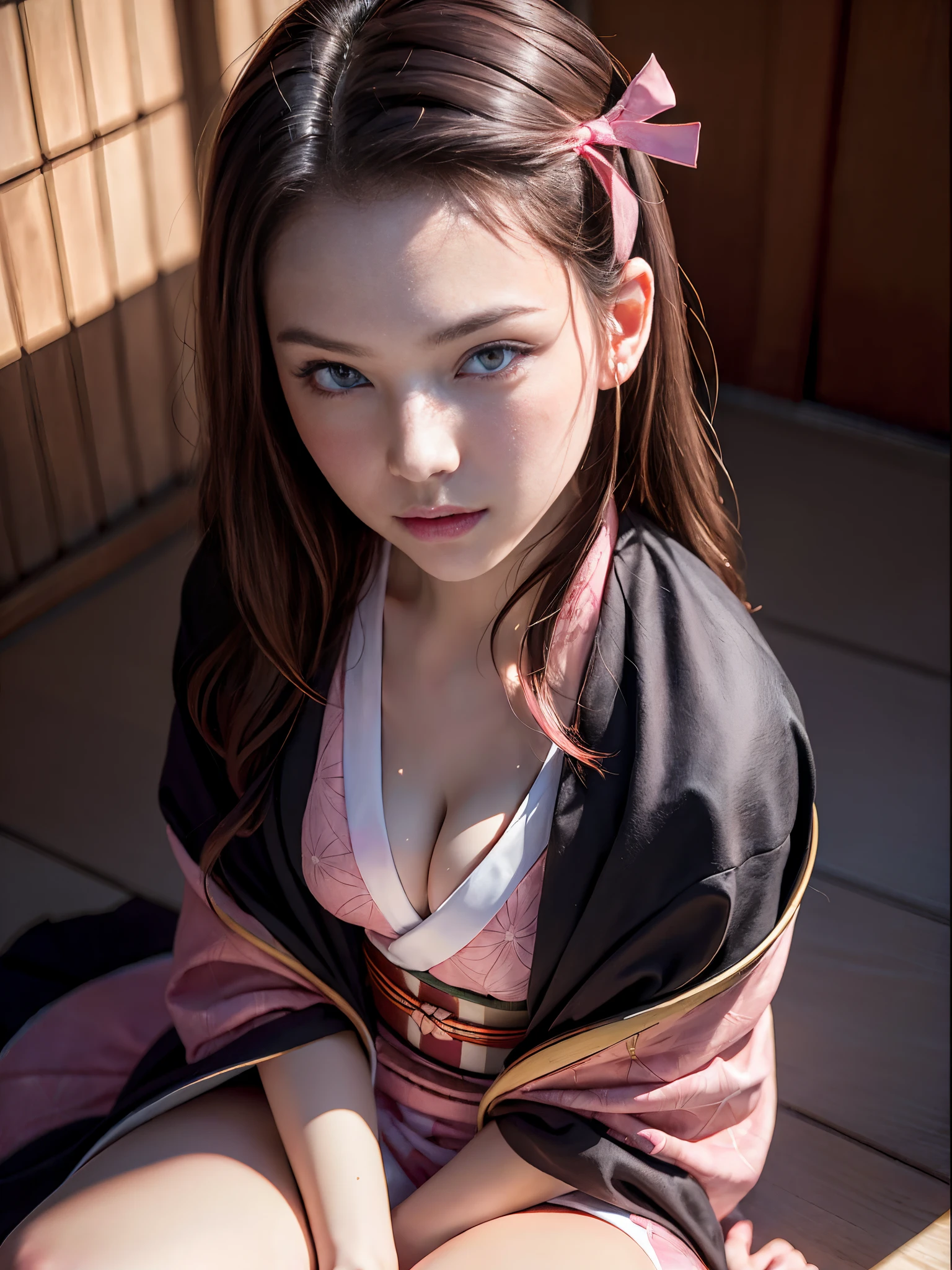 (masterpiece, best quality:1.4), (full body:1.5), (sitting:1.5), 1girl, solo, (european youth:1), , kamado nezuko, 1girl, bamboo, bit gag, brown hair, (checkered sash:1), gag, gagged, gradient hair, hair ribbon, (pink haori), japanese clothes, (black kimono:1.2), long hair, looking at viewer, multicolored hair, orange hair, (pink eyes:1.4), pink kimono, pink ribbon, ribbon, solo, beautiful face, highly detailed face, highly detailed skin, highly detailed eyes, skin pores, subsurface scattering, realistic pupils, medium breast, full face blush, full lips, detailed background, depth of field, volumetric lighting, sharp focus, absurdres, realistic proportions, good anatomy, (realistic, hyperrealistic:1.4), 16k hdr,