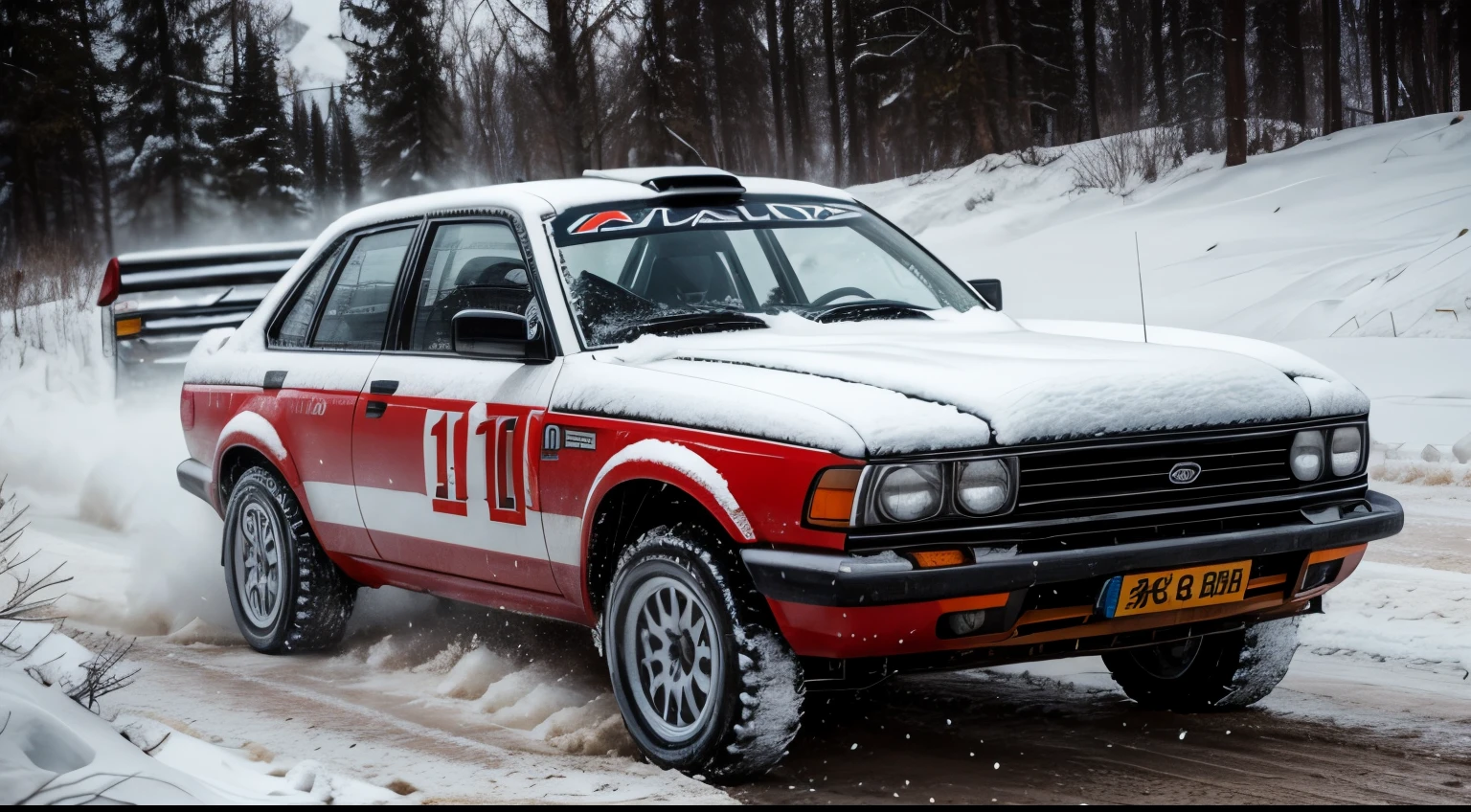 rally cars covered with thick snow