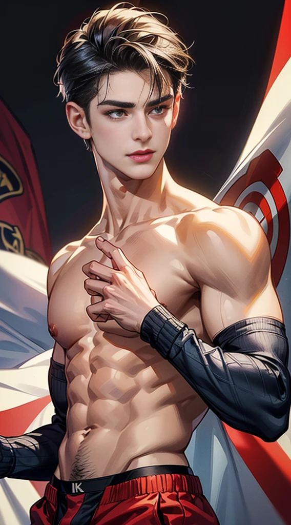 (masterpiece best quality 8k ultra-detailed:1.5) ultra realistic, solo standing male, muscular handsome (((perfect face,perfect eyes))) (topless) (undercut), anime style, illustration, (((underwear, big bulge))), realistic shade, sharp, detailed beautiful face and eyes, perfect beautiful body, perfect hands, (dynamic pose), shiny skin