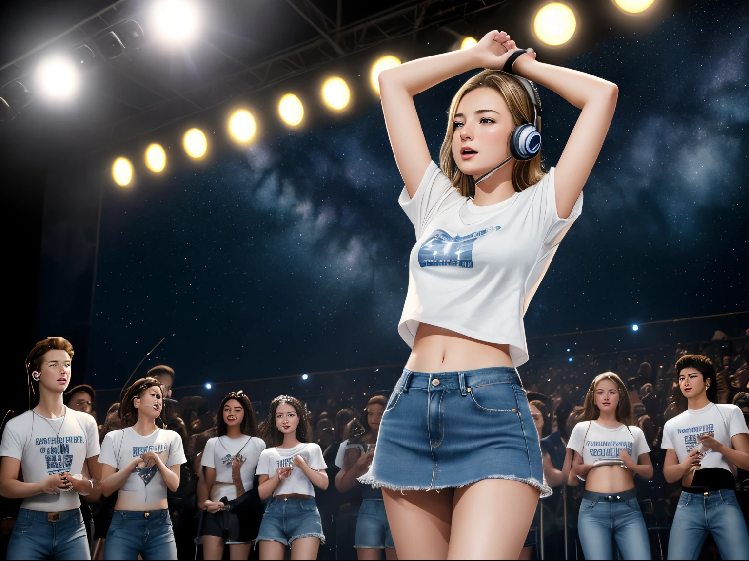 top quality 32k raw photo of 18-year-old Emily VanCamp wearing white T shirt and jeans skirt and headphone. navel look. she is on the stage dancing. night. starry sky.
