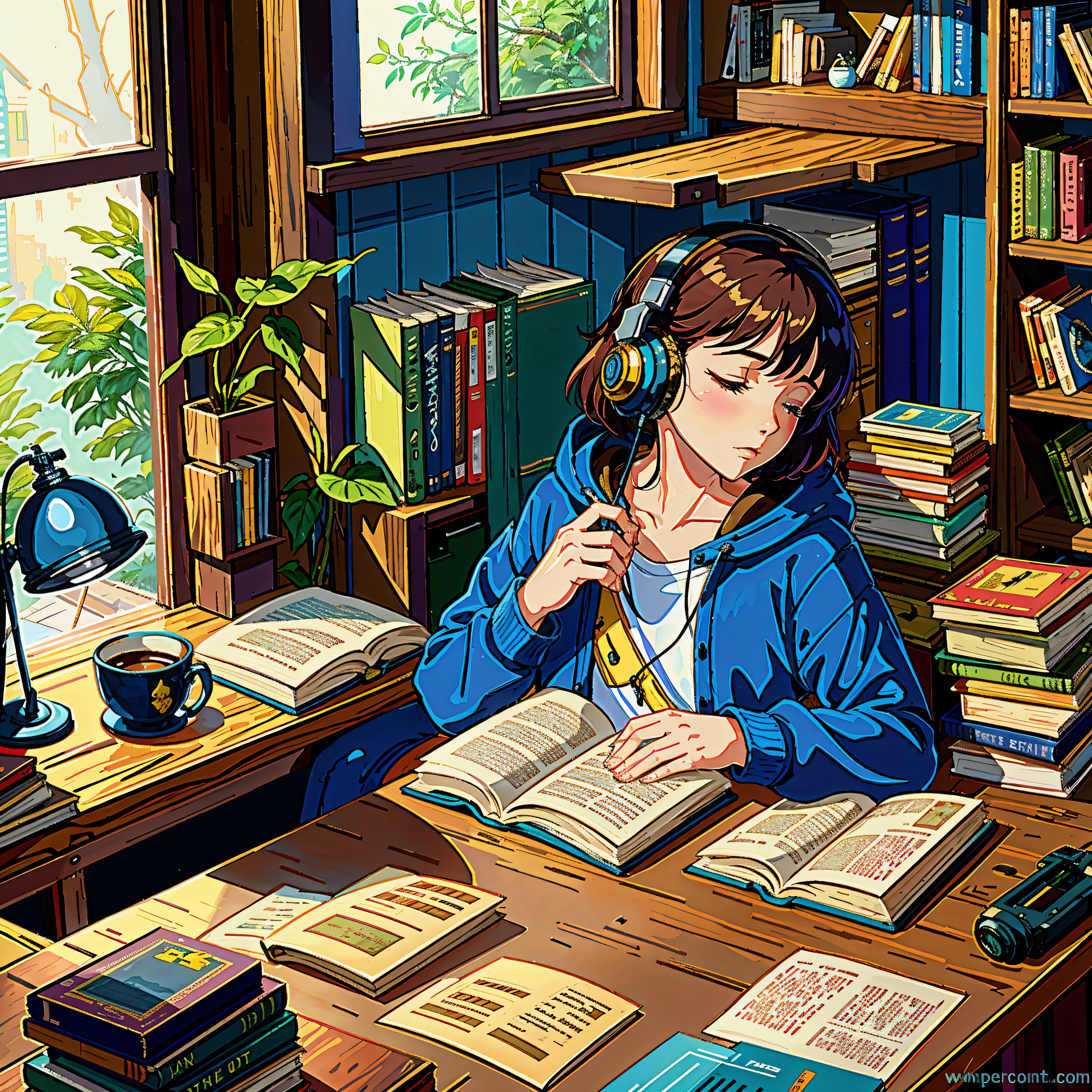 reading with headphones on,Immerse yourself in a pile of old books. It lay lazily on the wooden counter next to it.