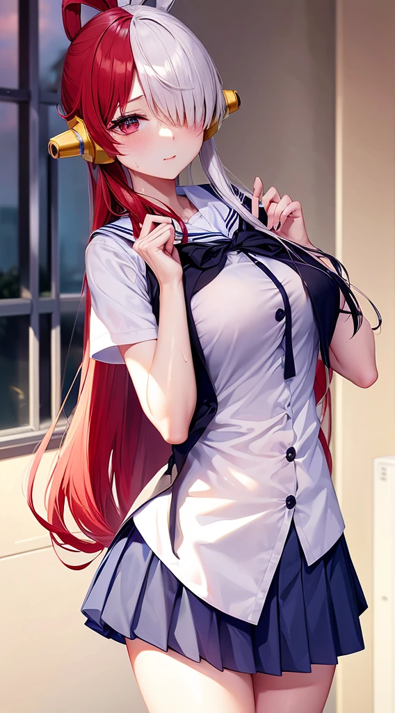 masutepiece、Best Quality、hight resolution、tre anatomically correct、((JK school uniform))、a miniskirt、Classroom、(Vibrant colors:1.2)、(masterpiece:2.0)、onepiece、Uta、blanche、left red hair、right gray hair、Not wearing pants、divine spirit、Flushed cheeks、Beautiful girl in every detail、Body shining with sweat、Wet、Seductive thighs、sexy pose、Hair above one eye