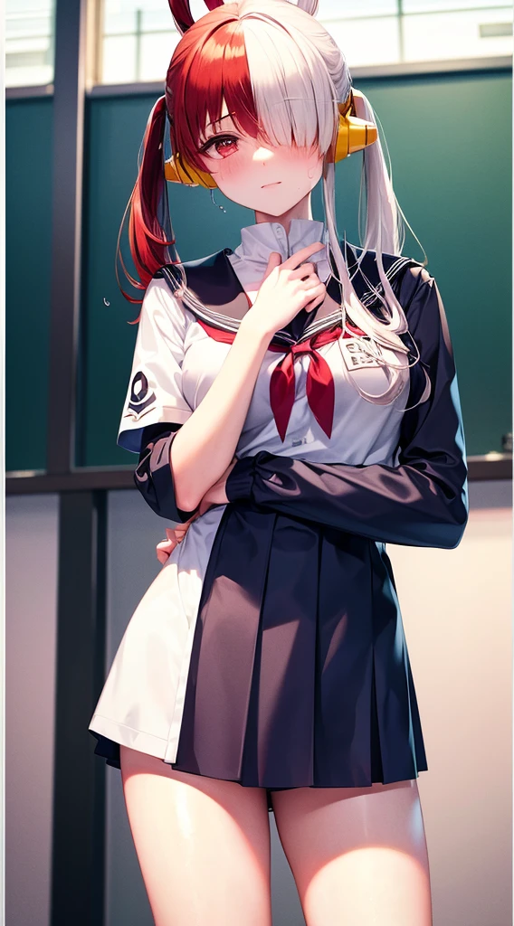 masutepiece、Best Quality、hight resolution、tre anatomically correct、((JK school uniform))、a miniskirt、‎Classroom、(Vibrant colors：1.2)、(​masterpiece：2.0)、onepiece、Uta、blanche、left red hair、right gray hair、Not wearing pants、divine spirit、Flushed cheeks、Beautiful girl in every detail、Body shining with sweat、Wet、Seductive thighs、sexy  pose、Hair above one eye
