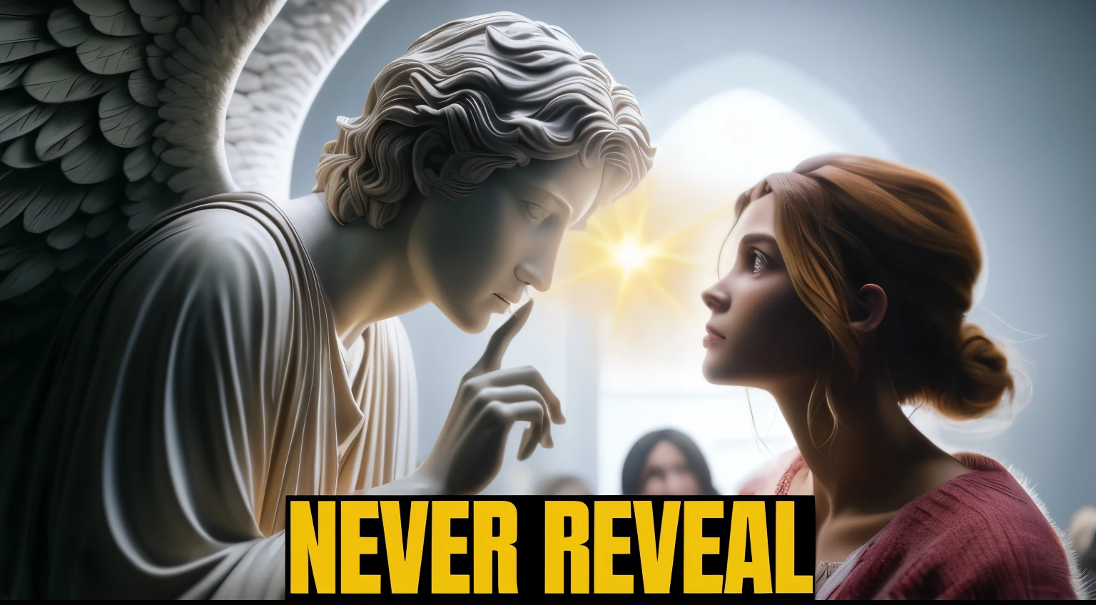 a woman looking at a statue of an angel with a light shining on her, "Hiper realista, escultura realista de 8k bernini, nunca antes visto, muito real, hiper realista ", hiper realista", cant believe it is real, nunca antes visto, muito muito realista, realismo | bipe, unreal engine render + uma deusa, biblical accurate angel