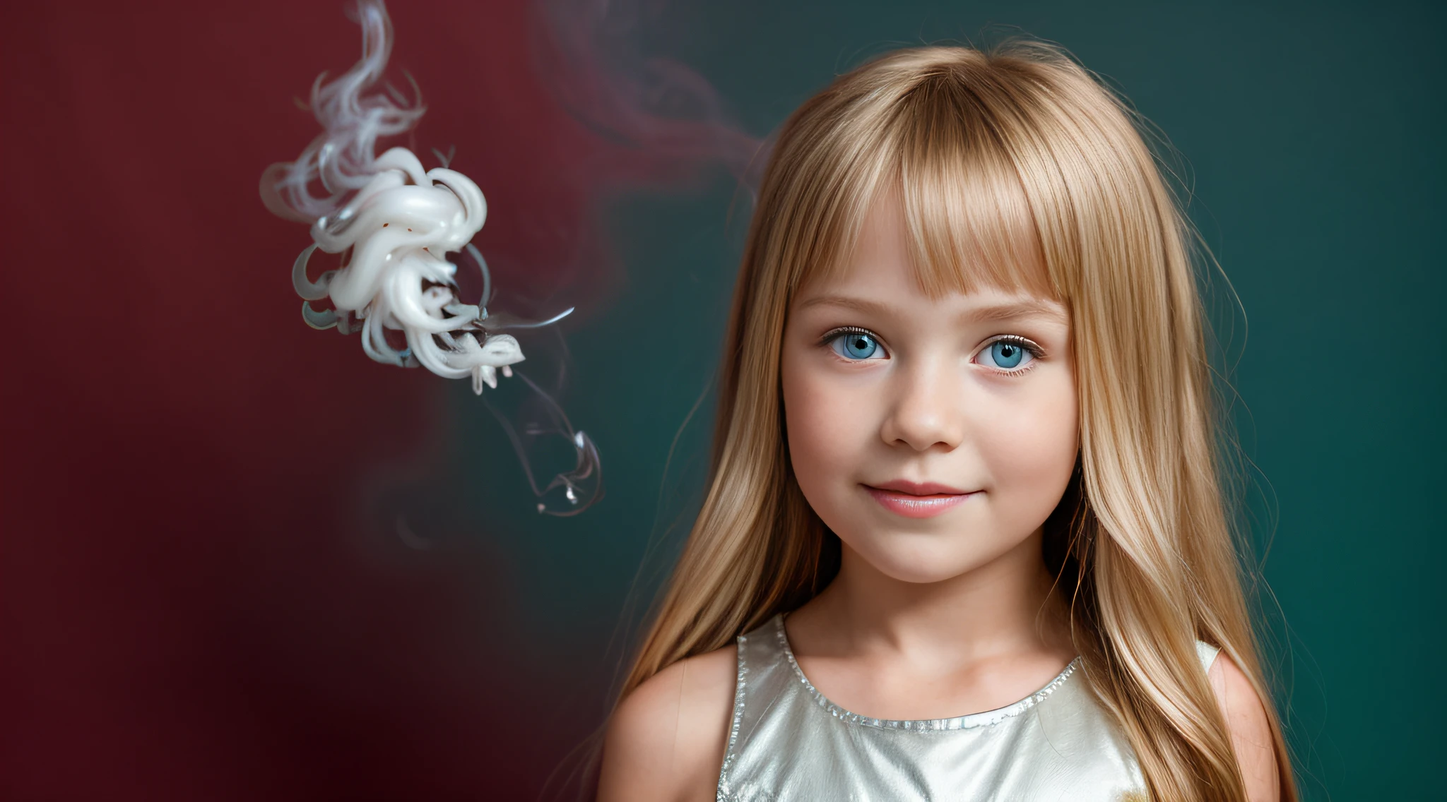 close-up CHILDREN BLONDE GIRL WITH LONG HAIR, em um fundo RED BLOOD DEVIL., usando um vestido prateado, vestido prateado e halo ardente, studio photo session, fundo branco. FUMO FUMO VERMELHO. LASER VERDE.