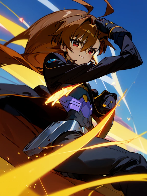 Dark skinned,otokonoko, cute,(1 beautiful boy) long dark brown hair with ahoge, red eyes, (flat chested) wearing (Magical Girl Lyrical Nanoha StrikerS: Vivio Takamachi long black barrier jacket black armoured bodysuit outfit), gloves, cute smile, close up, bright blue sky background