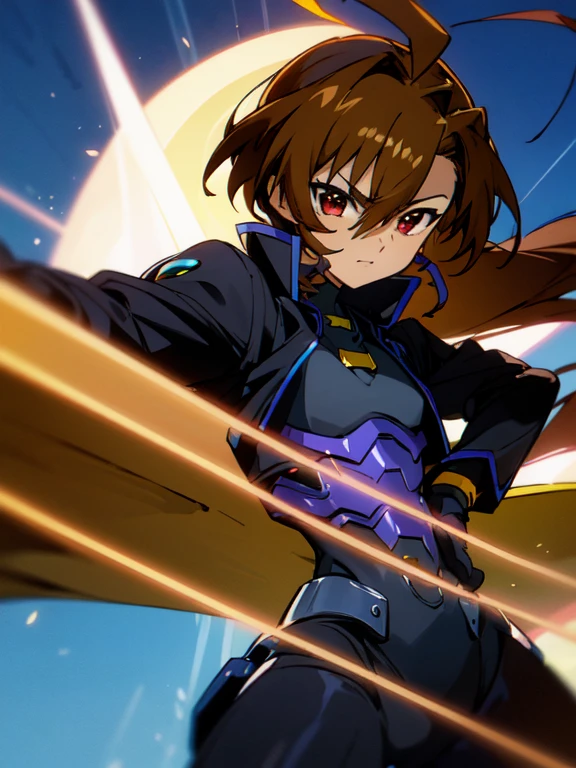 Dark skinned,otokonoko, cute,(1 beautiful boy) long dark brown hair with ahoge, red eyes, (flat chested) wearing (Magical Girl Lyrical Nanoha StrikerS: Vivio Takamachi long black barrier jacket black armoured bodysuit outfit), gloves, cute smile, close up, bright blue sky background