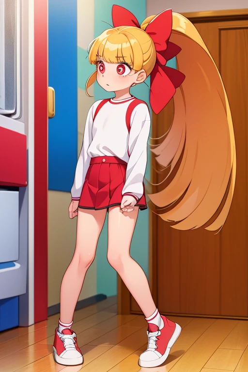 1girl, ppgzmmk, long hair, blonde hair, hair bow, blunt bangs, ponytail, red eyes, bright pupils, (white shirt, long sleeves, striped sleeves:1.1), (denim, short skirt:1.1),sneakers, shy, looking away, room