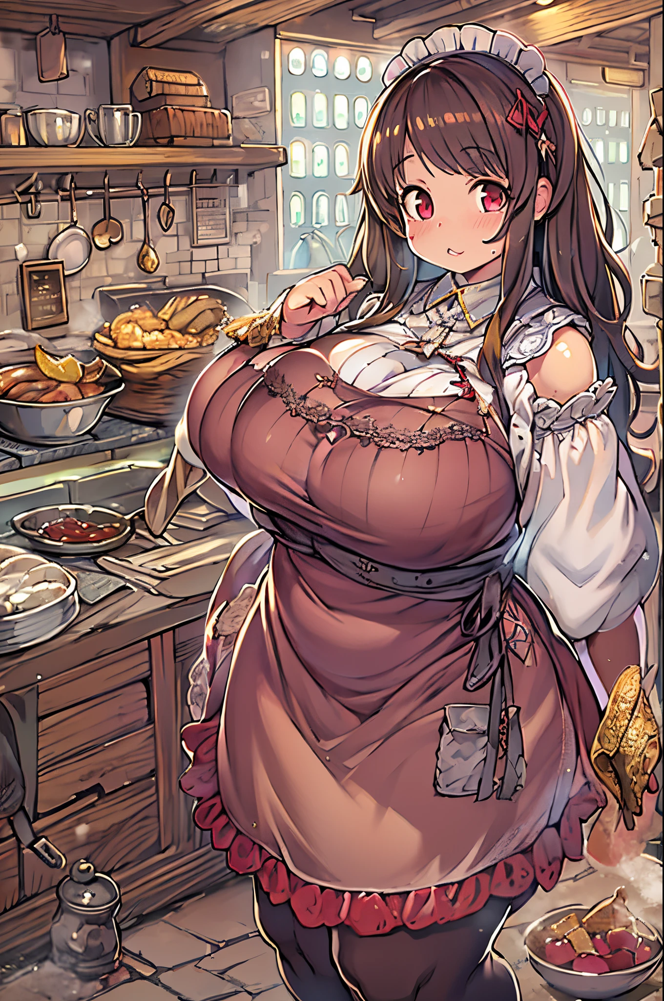 WRC style, Woman, lewd pose, The appearance of a seductive appearance, Apron, kitchin, medieval setting、bbw,huge-breasted