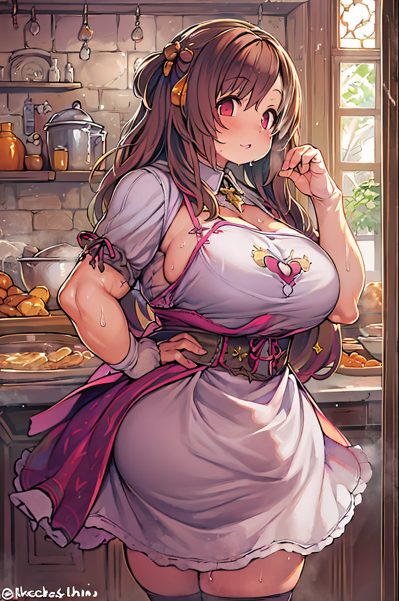 WRC style, Woman, lewd pose, The appearance of a seductive appearance, Apron, kitchin, medieval setting、bbw,huge-breasted