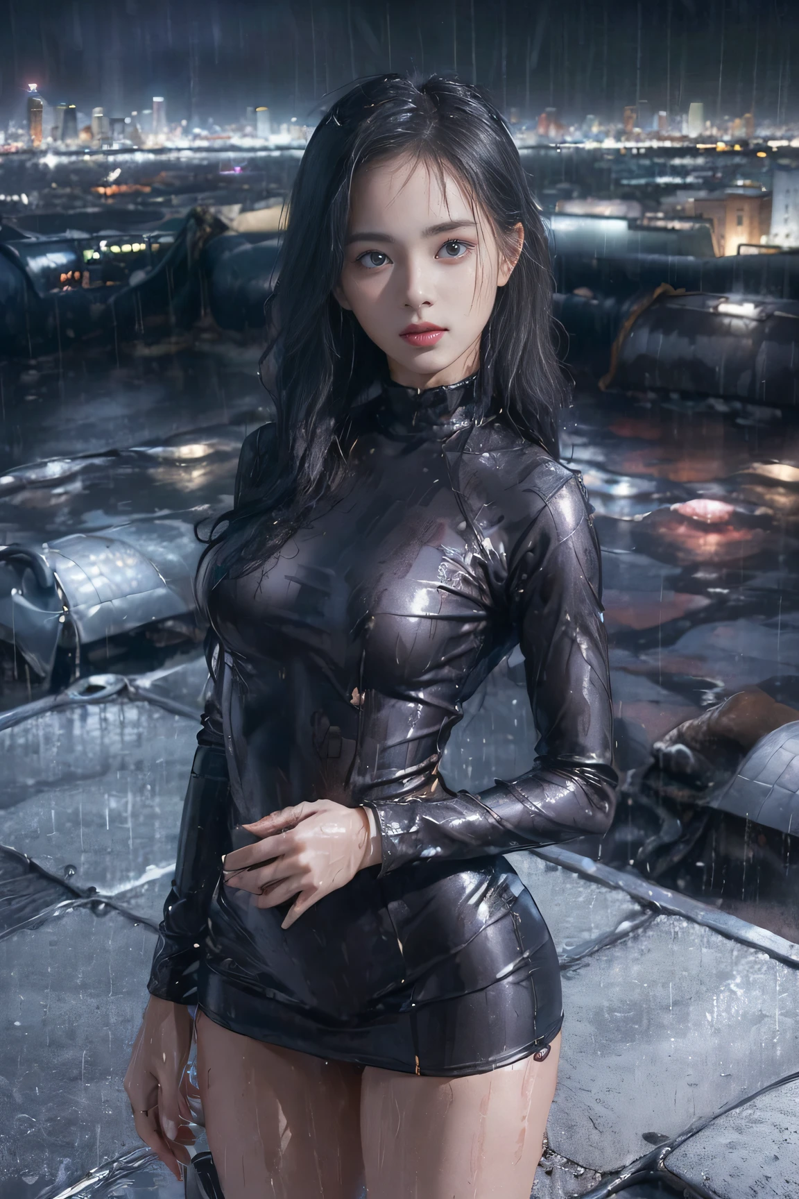 (((1人の女性: 2))), {Beautiful girl in chrome-plated silver metallic latex mini dress:1.5}, {Turtleneck off-shoulder latex minidress:1.5}, ((Rooftop of a city building with a beautiful night view:1.8)), (Cute girl at 18 years old), ((1screen)), 8K, 16 K, RAW shot, top quality photo, masterpiece, Nice realistic photos, ((Anatomically correct proportions: 1.5)), {Beautiful woman with black hair like a Japanese actress}, small head, Detailed face, Detailed eyes, Narrow Nose, Detailed fingers, detailed arms, Detailed skin, Detailed legs, short torso, Narrow waist , Large breasts, Nipple shadow, Small buttocks, {Gravure photo shoot with bold pose:1.2}、Crotch open pose、(Heavy rain:1.6)、(Rain-soaked skin:1.5)、(Rain-soaked hair:1.5)